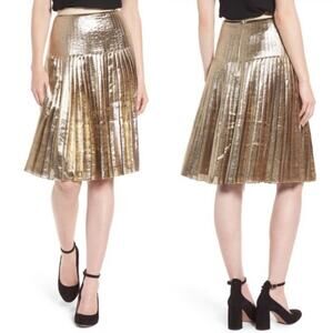 Lewit Gold Metallic Pleated Silk‎ Blend Knee Length Skirt Size 2